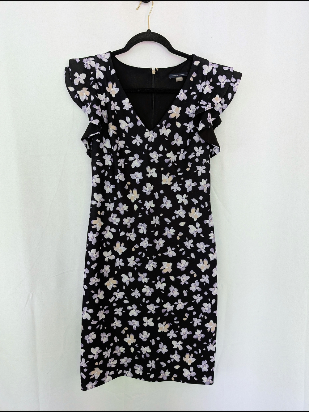 Tommy Hilfiger Black Floral V-Neck Flutter Sleeve Sheath Dress